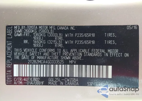 2016 Lexus Rx 350/Base/F Sport z USA, uszkodzony, nr VIN 2T2BZMCA4GC033525